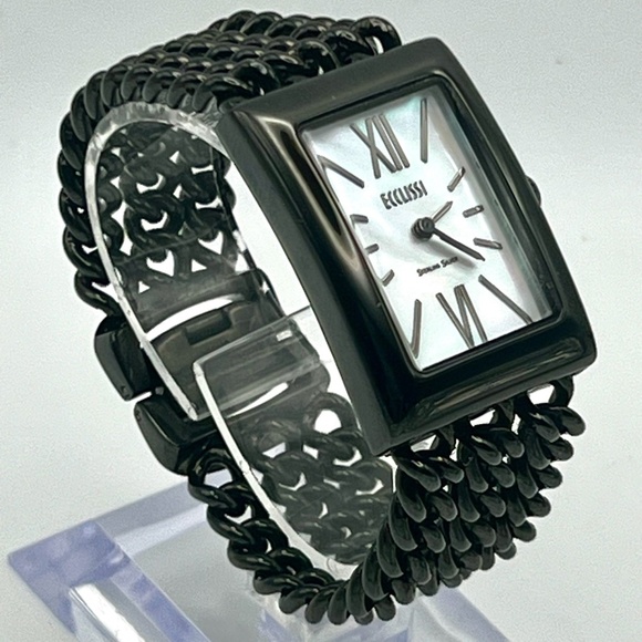 Vintage 90's Ecclissi Mother Pearl Sterling Silver Black Ladies Watch Working - Picture 3 of 10